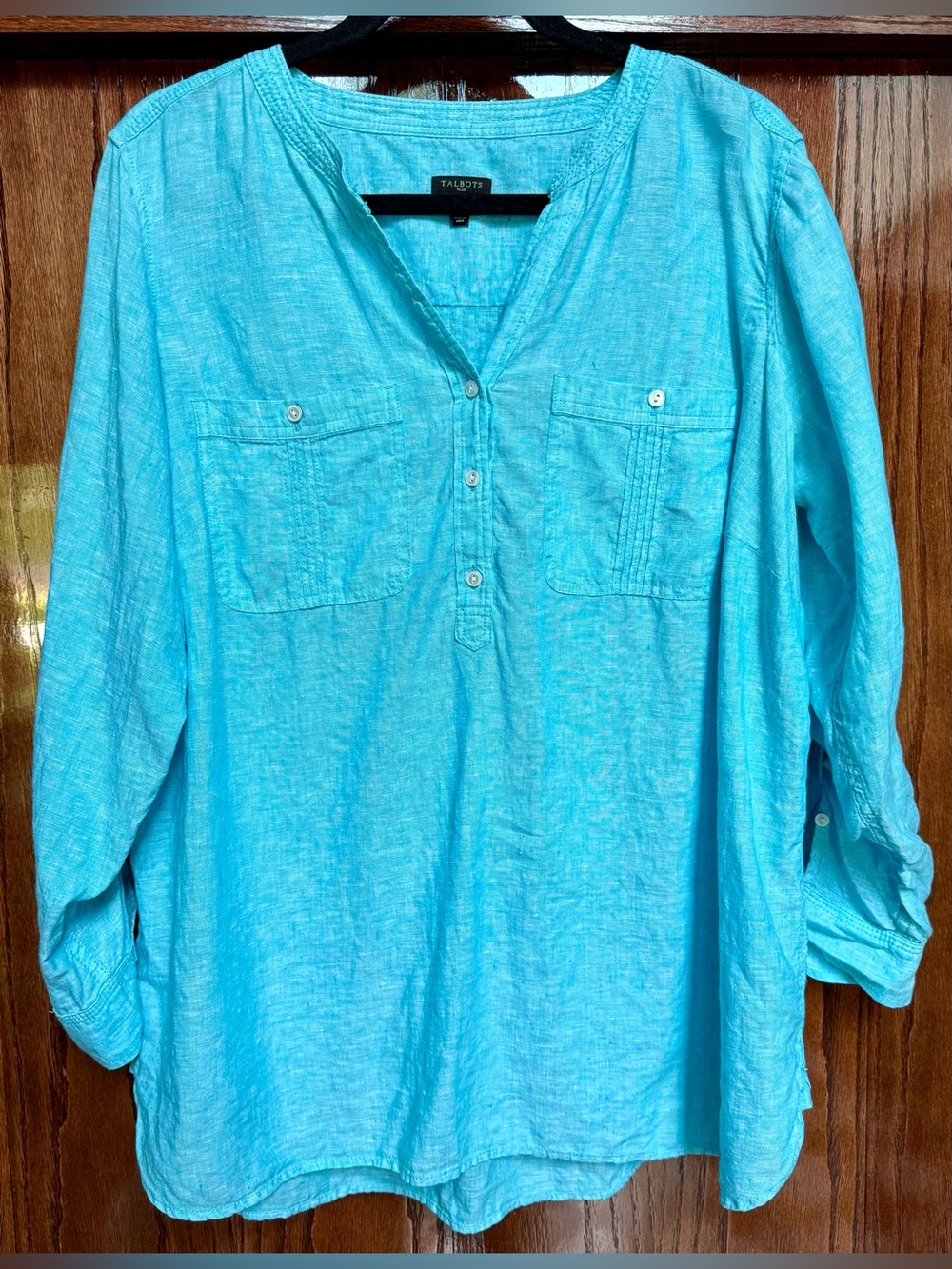 Talbots Plus Women's Popover Shirt Blouse 1X Light Blue Roll Tab Sleeves Linen
